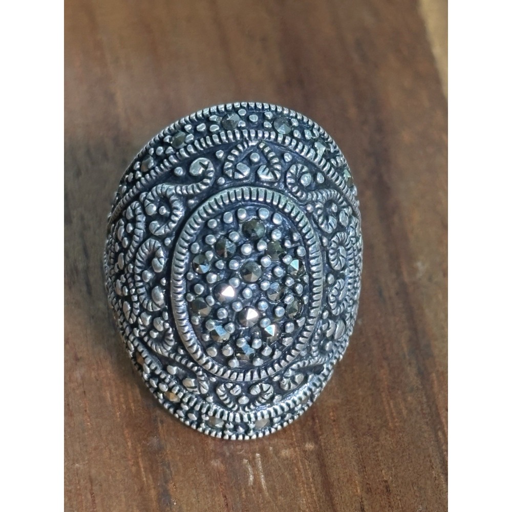 Vintage Marcasite 925 Sterling Silver Cocktail Ring Size 6.25, 11.6 Grams
